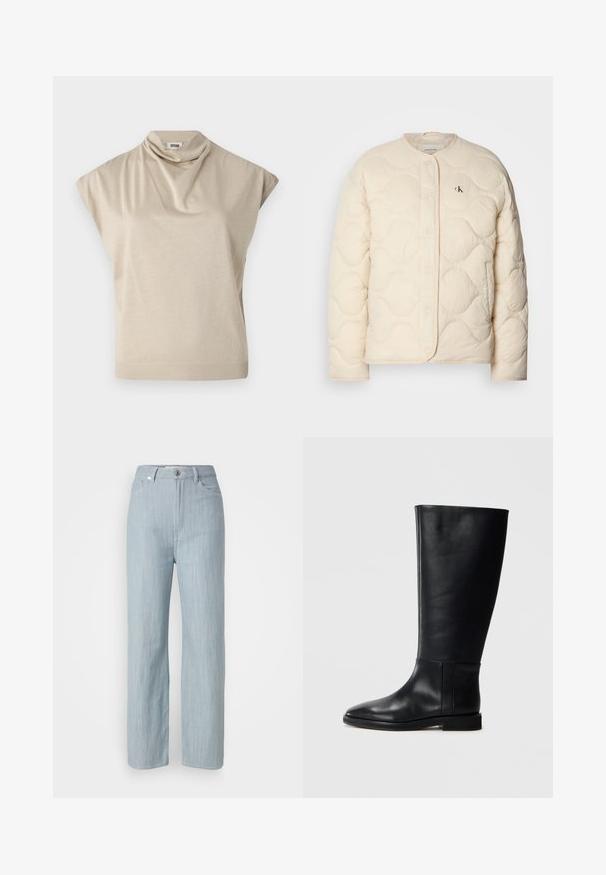 Calvin Klein Jeans INSULATED LINER JACKET - Téli dzseki - fog; Beige, rövid ujjú felső, drapírozott gallérral. Sima textúra, testhez álló derék és bordázott szegély. Könnyű, rugalmas anyagból készült.; Világoskék egyenes szárú farmernadrág. Öt zsebbel, fém gombos záródással és finom kopási hatással a textúra érdekében rendelkezik.; Fekete bőrből készült, térd fölé érő csizma, lekerekített orral, sima felülettel, minimalista dizájnnal és lapos talppal. Egyszerű varrási részletek a szárán.