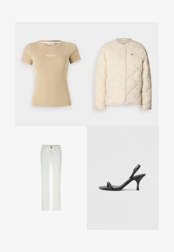 Calvin Klein Jeans - Kurtka zimowa; Beżowa, żebrowana koszulka z krótkim rękawem i okrągłym dekoltem z białym logo "guess jeans" na przodzie. Miękka tekstura materiału.; Białe dżinsy o dopasowanym kroju, 5 kieszeniach i kontrastowym przeszyciu. Posiadają zapięcie na guzik i subtelną metkę marki na pasku.; Czarne skórzane sandały na wysokim obcasie z cienkim, zakrzywionym obcasem i skrzyżowanym wzorem pasków. Regulowany pasek na kostkę. Gładka faktura.