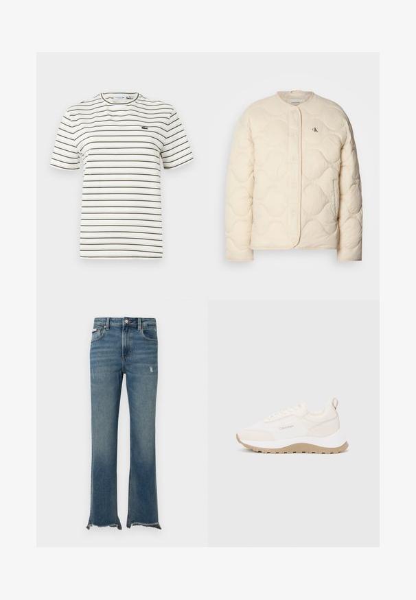 Calvin Klein Jeans INSULATED LINER JACKET - Zimná bunda - fog; Prúhované tričko v bielej farbe s tenkými olivovozelenými pruhmi. Má okrúhly výstrih, krátke rukávy a malé logo Lacoste na hrudi.; Modré denimové džínsy s jemným opotrebením, surovými roztrhnutými lemy, prednými vreckami, pútkami na opasok a zapínaním na gombík.; Tenisky Calvin Klein v krémovej a béžovej farbe s textúrovanou látkou, masívnou podrážkou, šnurovaním a pútkom na päte pre jednoduché obúvanie.
