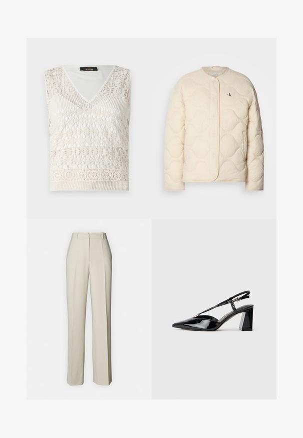 Calvin Klein Jeans INSULATED LINER JACKET - Zimná bunda - fog; Biela bezramienková blúzka s V-výstrihom, zložitým háčkovaným dizajnom a textúrovanými vzormi po celom povrchu. Mäkko, ľahký materiál.; Béžové krajčírské nohavice so strihom rovného strihu, s prednými záhybmi, plochým pásom a hladkou textúrou pre čistý vzhľad.; Čierne patent leather sandále na vysokých opätkoch s ostrou špičkou, nastaviteľným popruhom a robustným obdĺžnikovým opätkom.