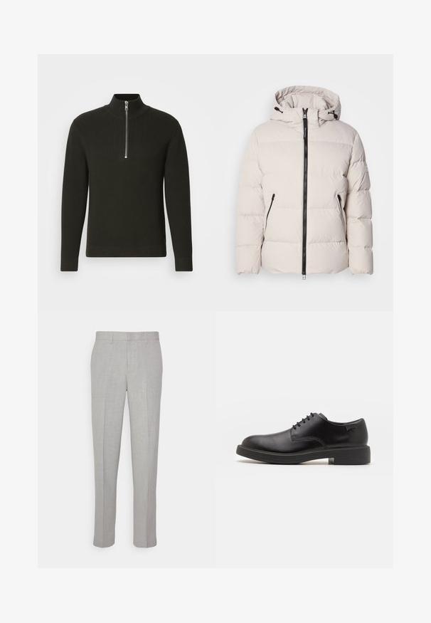 Doudoune beige clair, dotée d'une capuche, d'une fermeture éclair à l'avant et de deux poches latérales zippées. Design texturé et matelassé avec des poignets élastiques.; Pull en tricot noir côtelé avec un col montant et une fermeture éclair courte, dotée de manches longues et d'une coupe slim.; Pantalons gris clair avec une texture lisse, devant plat et jambes droites. Fabriqués en tissu respirant, avec poches internes et passants de ceinture.; Chaussure noire en cuir à lacets avec un embout arrondi, texture lisse, piqures minimales et un petit talon en caoutchouc. Logo sur le talon.
