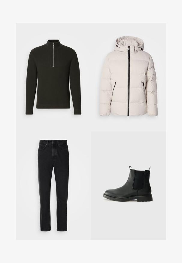 Puffatakki vaaleassa beigen värissä, jossa on huppu, etuvetoketju ja kaksi vetoketjullista sivutaskua. Rakenne on teksturoitu ja tikattu, ja hihoissa on joustavat resorit.; Musta ribbed-neulepaita, jossa on korkea kaulus ja lyhyt vetoketju, pitkät hihat ja kapea istuvuus.; Musta farkkuhousut suoranlahkeisella designilla, joissa on napitus ja vetoketju, etupockets ja hienovarainen tekstuuri.; Mustat nahkaiset Chelsea-saappaat, joissa on joustavat sivupaneelit, vetolenkit, pyöristetyt varpaat ja teksturoitu kumipohja. Sileä pinta ja kestävä muotoilu.