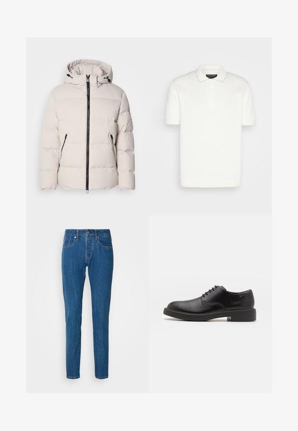 Doudoune beige clair, dotée d'une capuche, d'une fermeture éclair à l'avant et de deux poches latérales zippées. Design texturé et matelassé avec des poignets élastiques.; Chemise polo blanche, à manches courtes, col classique, patte de boutonnage à trois boutons, texture douce, poignets et ourlet côtelés, design minimaliste sans motifs.; Jean droit bleu en denim, avec un design classique à cinq poches, une fermeture à bouton et un léger décoloré sur les jambes.; Chaussure noire en cuir à lacets avec un embout arrondi, texture lisse, piqures minimales et un petit talon en caoutchouc. Logo sur le talon.
