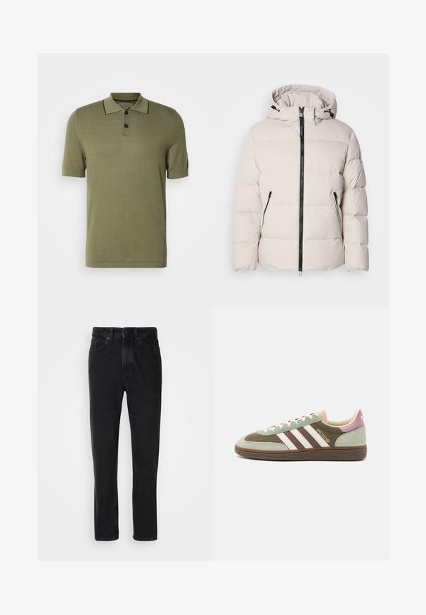 Világos bézs színű puffermellény, kapucnival, elöl cipzárral és két cipzáros oldalzsebbel. Texturált, tűzött kialakítás, rugalmas mandzsettákkal.; Olíva zöld, rövid ujjú poloing, két fekete gombbal és fekete díszítéssel a nyak széle mentén.; Fekete farmernadrág egyenes szárú kialakítással, gombos és cipzáras záródással, elülső zsebekkel és finom textúrával.; Zöld, barna és bézs velúr és textil sportcipő, három fehér csíkkal. Jellemzője egy világos rózsaszín részlet a saroknál és textúrázott talp.