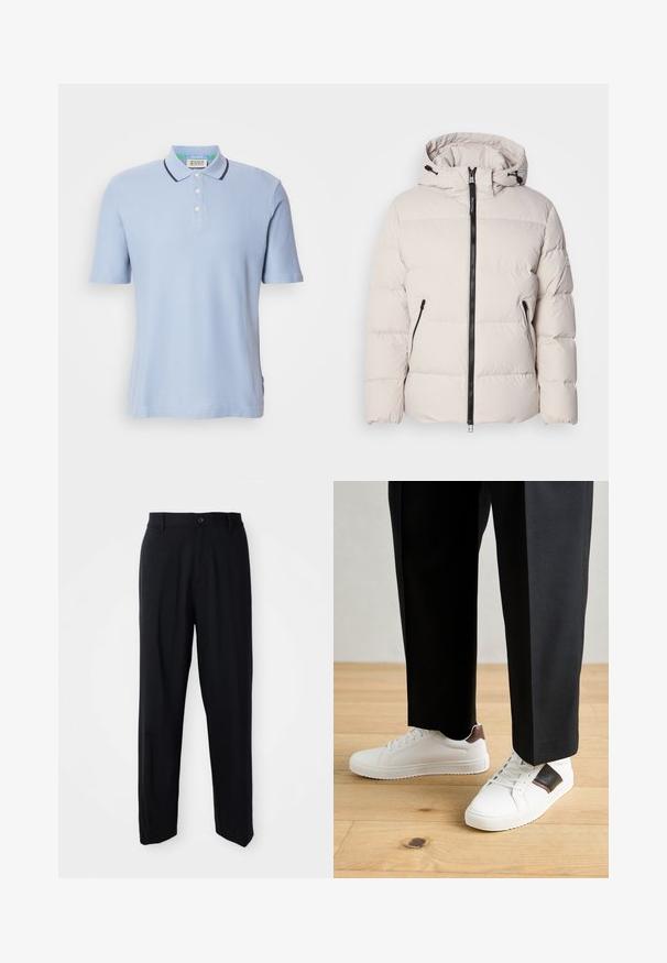 Doudoune beige clair, dotée d'une capuche, d'une fermeture éclair à l'avant et de deux poches latérales zippées. Design texturé et matelassé avec des poignets élastiques.; Polo bleu clair en tissu côtelé, doté d'une patte de boutonnage à deux boutons, de manches courtes et d'un bord marine au niveau du col.; Pantalon noir à jambes droites avec passants de ceinture, fermeture à bouton et un design épuré et minimal sur un fond neutre.; Des sneakers blanches au texture lisse, avec des accents en cuir marron et des détails noirs, assorties à un pantalon noir ajusté. Fond en parquet.