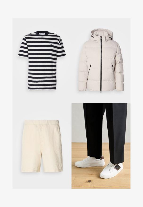 Pufová bunda v svetlej béžovej farbe, s kapucňou, predným zipsom a dvoma bočnými vreckami na zips. Štruktúrovaný prešívaný dizajn s elastickými manžetami.; Námornícky a biely pruhovaný bavlnený tričko s okrúhlym výstrihom, krátkymi rukávmi a malým vyšitým logom na hrudi.; Svetlé béžové šortky vyrobené z priedušného materiálu. Majú elastický pás a voľnejší strih. Jednoduchý dizajn bez vzorov alebo kovania.; Biele tenisky s hladkým povrchom, s hnedými koženými akcentmi a čiernymi detailmi, spárované s čiernymi elegantnými nohavicami. Pozadím je drevená podlaha.