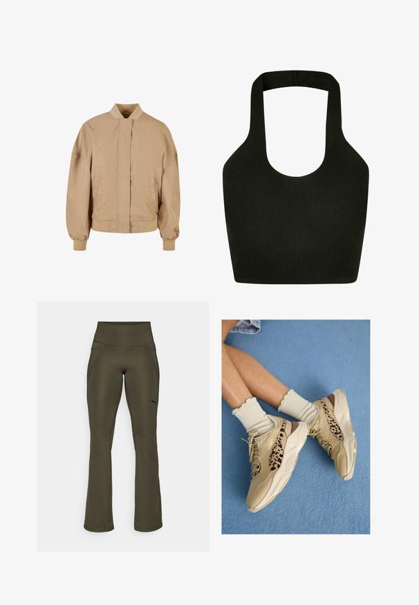 Giacca bomber beige con colletto alto, zip frontale, tasche laterali, polsini e orlo a coste. Tessuto liscio e leggero.; Top corto nera a costine con scollatura rotonda e spalline spesse, caratterizzato da un tessuto a maglia testurizzato per una maggiore elasticità e comfort.; Pantaloni sportivi verde oliva con vita alta, texture liscia, gambe svasate e un logo discreto sul lato sinistro. Presentano due tasche laterali.; Gambe incrociate con indosso scarpe da ginnastica Puma beige con strisce leopardate e calzini crema arruffati su un pavimento con moquette blu.