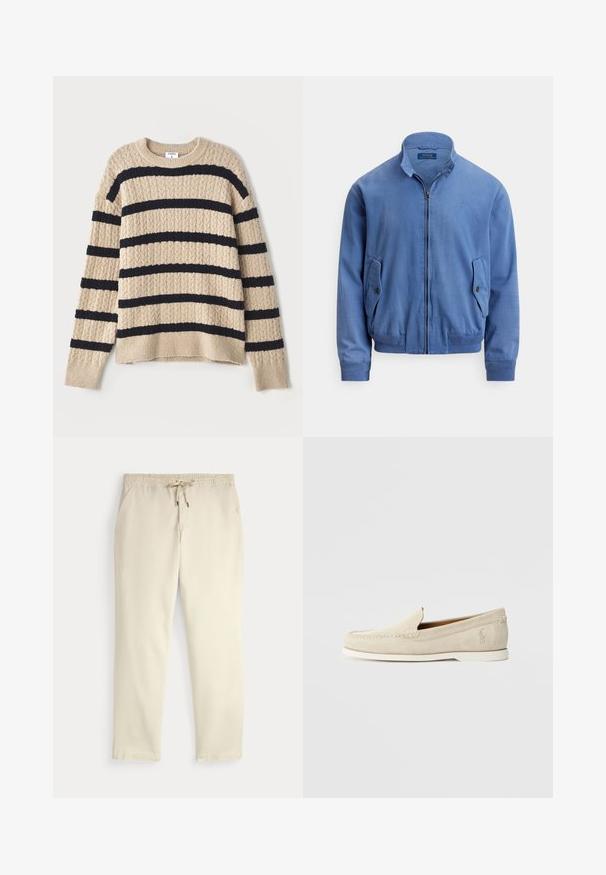 Bomber in misto cotone blu con chiusura frontale con zip, colletto alto, due tasche laterali, polsini a coste e un sottile logo ricamato sul petto.; Maglione beige lavorato a maglia con strisce orizzontali blu scuro, caratterizzato da un motivo testurizzato e polsini a costine. Collo rotondo e vestibilità rilassata.; Pantaloni casual off-white con vita elastica e cordino, gambe dritte e tasche laterali su uno sfondo neutro.; Polo Ralph Lauren MERTON VENETIAN LOAFER - Mocassini - milkshake