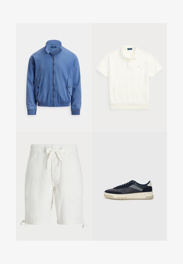 Kék pamutkeverék bomberdzseki elöl cipzárral, álló gallérral, két oldalzsebbel, bordás mandzsettával és a mellrészen diszkrét hímzett logóval.; Polo Ralph Lauren LOOPBACK FLEECE POLO-COLLAR SWEATSHIRT - Pólóing - clubhouse cream; Fehér pamut rövidnadrág, derékon megkötős pánttal, felgöngyölt szárakkal és lapos elülső zsebekkel. Sima, könnyű szövet textúra.; BOSS BALTIMORE - Sportcipő - open blue