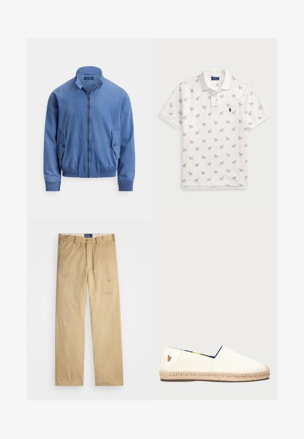 Sinine puuvillasegust pommirüü, millel on ees lukk, seisv kaelus, kaks küljetaskut, soonilised mansetid ning rinnal õrnalt tikitud logo.; Valge puuvillane polo särk, millel on korduv sinine koera muster ja väike sinine logo rinnal. Lühikesed varrukad ja krae.; Beezist puuvillased püksid sirge lõikega. Ees on kahjustatud kohad ja tikkimisdetailid. Klassikaline nööbiga ja tõmblukuga sulgemine.; Kangas espadrillid heledas valges värvitoonis, roopaga tallaga. Omab sinist mustrit voodris ja väikest tikandiga logo kandadel.