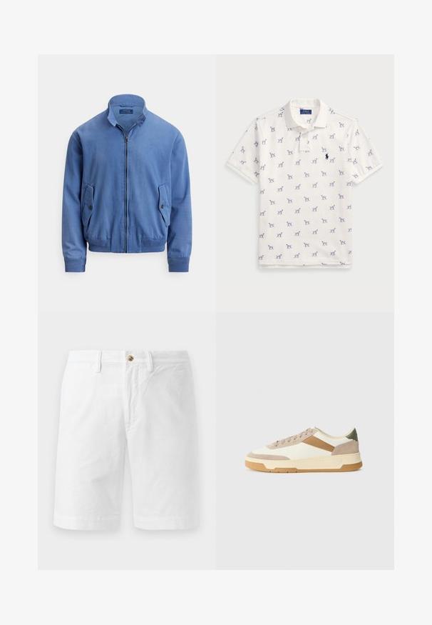 Casaco bomber em algodão misto azul com fecho de correr frontal, gola alta, dois bolsos laterais, punhos canelados e um logótipo bordado subtil no peito.; Camisola polo branca feita de algodão, com um padrão repetido de cães azuis e um pequeno logotipo azul no peito. Mangas curtas e colarinho.; Bermudas brancas de algodão com um corte relaxado, apresentando uma fecho frontal com botão, passadores de cinto e um design plano na frente. Textura suave e corte até ao joelho.; Ténis em bege, creme e verde oliva, com materiais em camurça e couro, bico redondo, design minimalista e sola em borracha.