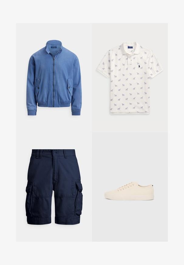 Bomber in misto cotone blu con chiusura frontale con zip, colletto alto, due tasche laterali, polsini a coste e un sottile logo ricamato sul petto.; Polo bianco in cotone, con motivo a cani blu ripetuto e un piccolo logo blu sul petto. Maniche corte e colletto.; Pantaloncini cargo blu navy realizzati in tessuto resistente, con tasche laterali, chiusura con bottone e dettagli cuciti per una texture definita.; Sneaker in tela beige con punta rotonda, suola in gomma piatta e lacci sulla parte anteriore. Presenta un design minimalista e un accento nero a contrasto sul tallone.