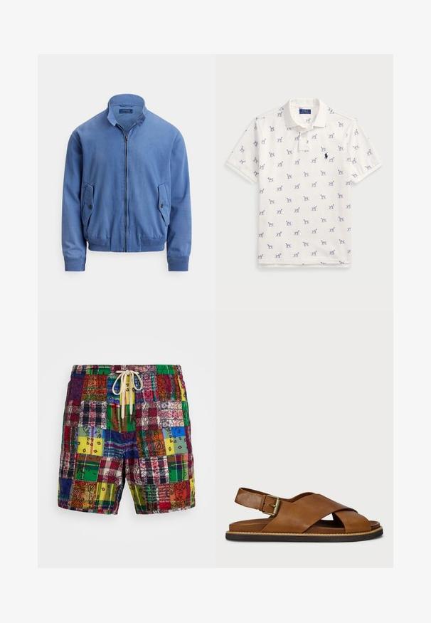 Blaue Bomberjacke aus Baumwollmischung mit Reißverschluss vorne, Stehkragen, zwei Seitentaschen, gerippten Bündchen und einem dezenten, auf der Brust gestickten Logo.; Weißes Polo-Shirt aus Baumwolle mit einem wiederholten blauen Hundemuster und einem kleinen blauen Logo auf der Brust. Kurze Ärmel und Kragen.; Bunt gemusterte Badehosen im Patchwork-Stil mit einer Mischung aus verschiedenen Mustern, einem Kordelzugbund und einem leichten, strukturierten Stoff.; Braune Ledersandale mit Kreuz-Riemen-Design, verstellbarem Schnallenverschluss und strukturierter Sohle. Mit einem Akzent aus Naturfaser am Rand.