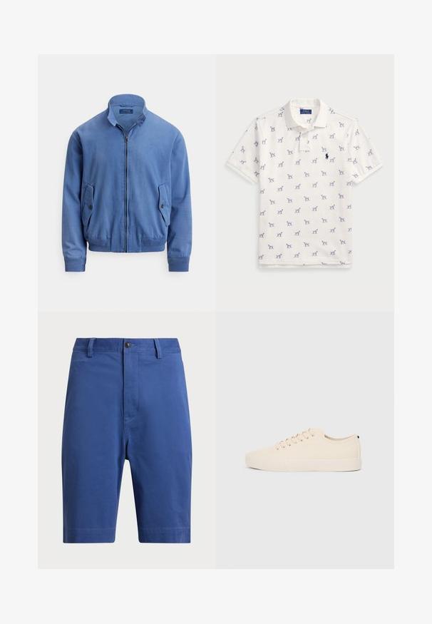 Plava bomber jakna od mješavine pamuka s prednjim patentnim zatvaračem, uspravnim ovratnikom, dva bočna džepa, rebrastim manšetama i suptilnim vezom logotipa na prsima.; Bijela polo majica od pamuka, na kojoj se nalazi ponovljeni plavi uzorak pasa i mali plavi logo na prsima. Kratki rukavi i ovratnik.; Plave pamučne kratke hlače s ravnim prednjim dijelom, jednim dugmetom za zatvaranje i petljama za pojas. Ravnokutne nogavice bez vidljivih uzoraka ili akcenata.; Bež platnene tenisice s okruglim vrhom, ravnim gumennim potplatom i vezanjem sprijeda. Imaju minimalistički dizajn s kontrastnim crnim naglaskom na peti.