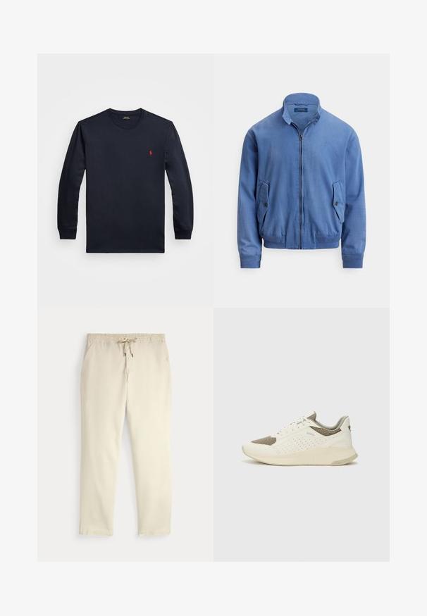 Zils kokvilnas maisījuma bomber jakas ar rāvējslēdzēja aizmuguri, stāvošu apkakli, divām sānu kabatām, ribainām aprocēm un smalku izšūtu logotipu krūtīs.; Jūras spēku garām piedurknēm T-krekls, izgatavots no kokvilnas, ar apaļu kakla izgriezumu un mazu sarkanu logotipu uz krūtīm. Zīdaini gluda tekstūra, brīva piegriezuma.; Off-white ikdienas bikses ar elastīgu jostu un auklu, taisnām kājām un sānu kabatām uz vienkārša fona.; Baltas un gaiši bež sporta apavi, ar sieta augšdaļu, perforētiem detaļām un teksturētu vidusdaļu ar zīmolu uz papēža.