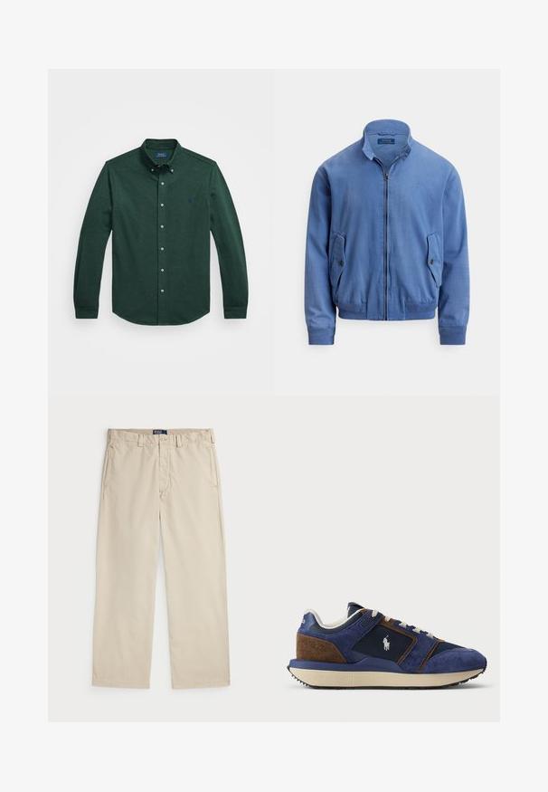 Kék pamutkeverék bomberdzseki elöl cipzárral, álló gallérral, két oldalzsebbel, bordás mandzsettával és a mellrészen diszkrét hímzett logóval.; Sötét zöld, hosszú ujjú, gombos ing, gombolt gallérral és kis hímzett logóval a bal mellrészen, fehér háttér előtt.; Beige színű pamut chino nadrág egyenes szabással, gombos záródással és két elülső zsebbel. Simaság és egyszínű megjelenés jellemzi.; Sötétkék velúr és hálós sneaker világosabb kiegészítőkkel, bézs gumitalppal és fehér fűzővel; oldalán logó található.