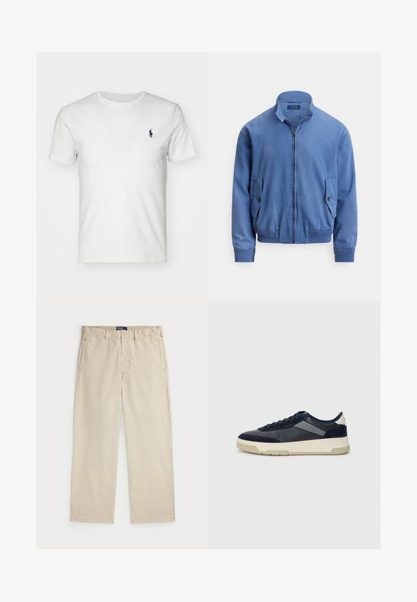 Casaco bomber em algodão misto azul com fecho de correr frontal, gola alta, dois bolsos laterais, punhos canelados e um logótipo bordado subtil no peito.; T-shirt branco de algodão com gola redonda e mangas curtas. Apresenta um pequeno logo de polo em azul marinho no lado esquerdo do peito. Textura suave, corte casual.; Chinos de algodão bege com um design de perna reta, apresentando um fecho de botão e dois bolsos frontais. Textura suave e cor uniforme.; BOSS BALTIMORE - Sapatilhas - open blue