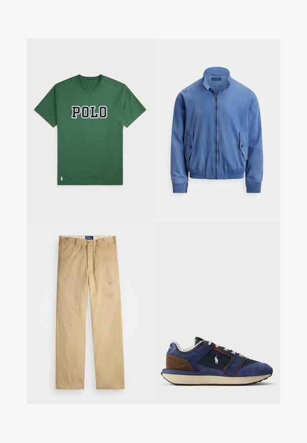Kék pamutkeverék bomberdzseki elöl cipzárral, álló gallérral, két oldalzsebbel, bordás mandzsettával és a mellrészen diszkrét hímzett logóval.; Zöld pamut póló nagy, fehér és sötétkék "POLO" logóval. Rövid ujjú, kerek nyakú, és kis logó részlettel az alján.; Beige színű pamut nadrág egyenes szabással. Elöl koptatott foltokkal és hímzett részletekkel rendelkezik. Klasszikus gombos és cipzáros záródás.; Sötétkék velúr és hálós sneaker világosabb kiegészítőkkel, bézs gumitalppal és fehér fűzővel; oldalán logó található.