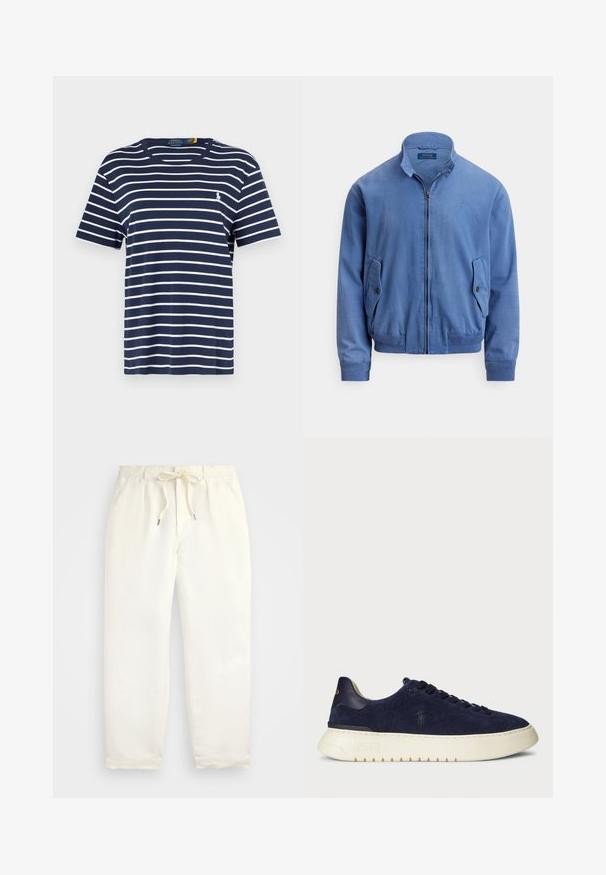 Modrá bomber bunda zo zmesi bavlny so zipsom na prednej strane, stojacím golierom, dvoma bočnými vreckami, rebrovanými manžetami a jemne vyšitým logom na hrudi.; Tmavomodré bavlnené tričko s bielymi vodorovnými pruhmi, krátkymi rukávmi, okrúhlym výstrihom a malým vyšívaným logom na hrudi.; Svetlo krémové, voľné nohavice vyrobené z mäkkého materiálu. Majú elastický pás s šnúrkou a zúžený strih nohavíc.; Námořnické semišové nízké tenisky s texturovaným povrchem, gumovou podrážkou a tónovými tkaničkami, přičemž na boku a patě je malé logo.