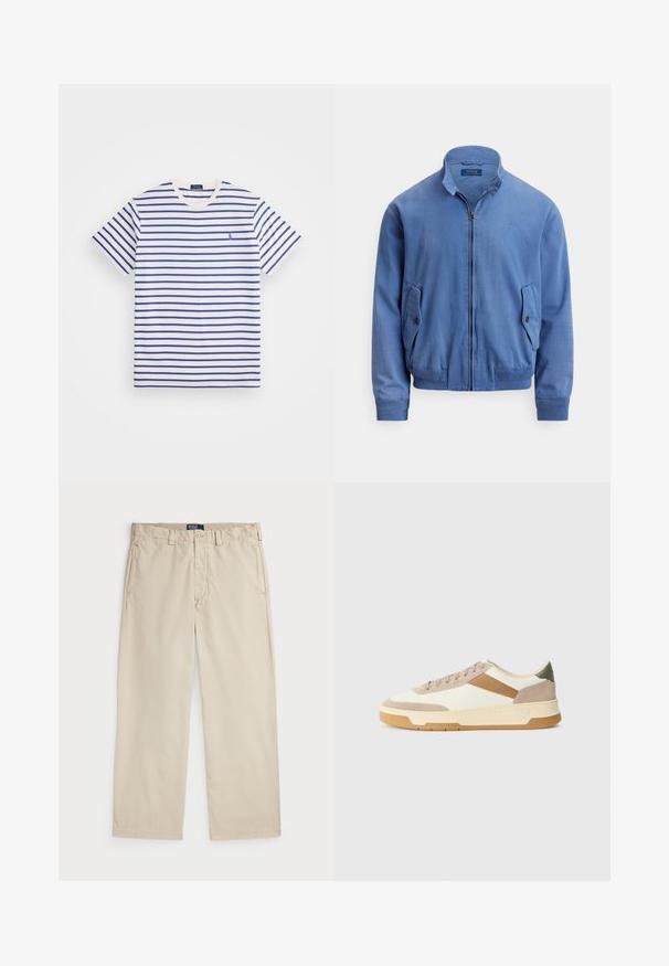 Mėlynas medvilnės mišinio bombonešio striukė su užtrauktuku priekyje, stovinčiu apykakle, dviem šoninėmis kišenėmis, ribinėmis rankogaliais ir subtiliu įsiuvinėtu logotipu ant krūtinės.; Baltos ir mėlynos dryžuotos marškinėliai, su horizontaliais dryžiais, su apvalia iškirpte, trumpomis rankovėmis ir mažu logotipu kairėje krūtinės pusėje.; Bežiniai medvilniniai chino kelnės su tiesiu sijonu, su segtuku ir dviem priekinėmis kišenėmis. Lygi tekstūra ir vienodai spalva.; Bežiniai, kreminiai ir alyviniai sportbačiai, pagaminti iš zomšos ir odos, su apvaliu pirštu, minimalistiniu dizainu ir guminėmis padangomis.