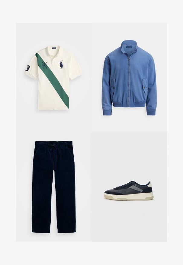 Zils kokvilnas maisījuma bomber jakas ar rāvējslēdzēja aizmuguri, stāvošu apkakli, divām sānu kabatām, ribainām aprocēm un smalku izšūtu logotipu krūtīs.; Polo krekls krēmkrāsā ar diagonālu zaļu svītru, ar tumši zilu izšuvumu, kurā attēlots polo spēlētājs, "P" logo un numurs "3" uz piedurknes.; Tumši zila korduroja bikses ar auklu viduklī, ar sānu kabatām un taisna griezuma dizainu. Mīksta tekstūra ar vertikālām rievām.; BOSS BALTIMORE - Sporta apavi - open blue