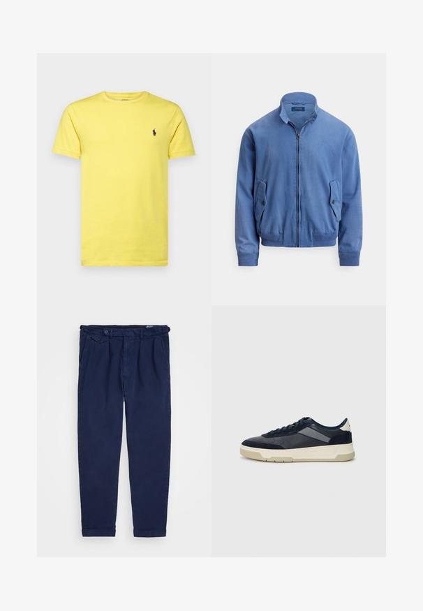 Blå bomberjacka i bomullsblandning med dragkedja framtill, ståkrage, två sidofickor, ribbade muddar och en subtil broderad logotyp på bröstet.; Gul bomullströja med korta ärmar, rund halsringning och lila broderad logotyp på vänster bröst. Slät textur, avslappnad passform.; Marina chinos i bomull, med rak benmodell, framfickor, knäppning och upprullade muddar. Slät textur med minimalistisk design.; BOSS BALTIMORE - Sneakers - open blue
