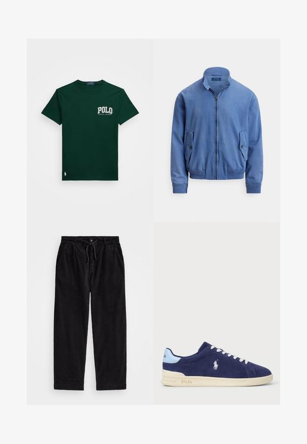 Bomber in misto cotone blu con chiusura frontale con zip, colletto alto, due tasche laterali, polsini a coste e un sottile logo ricamato sul petto.; Polo Ralph Lauren CUSTOM SLIM FIT LOGO JERSEY T-SHIRT - T-shirt con stampa - moss agate; Pantaloni in velluto a coste neri con una vestibilità rilassata, dotati di una vita elasticizzata con cordoncino e tasche laterali. Il tessuto presenta una texture a coste.; Sneaker in suede blu navy con lacci bianchi e suola in gomma crema. Presenta un accento azzurro chiaro e un piccolo logo ricamato sul lato.