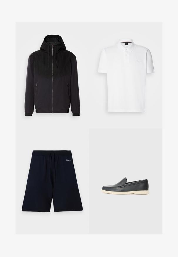 Black zip-up jacket with a hood, featuring a textured upper panel with pinstripes, elastic cuffs, and two side zippered pockets.; White polo shirt made from cotton-polyester blend, featuring a collar, two-button placket, and subtle embroidered logo on the chest.; Navy blue shorts made of soft fabric, featuring an elastic waistband with drawstrings, and embroidered text "Future" near the top.; Black leather slip-on loafers with a textured finish and a contrasting beige rubber sole. Features a subtle accent along the front.