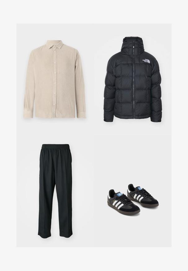 Zwarte pufferjack met een ritssluiting, hoge kraag en doorgestikt ontwerp. Logo-accent op de bovenste linkerkant van de borst. Zachte, gewatteerde textuur.; Lichtbeige corduroy overhemd met een knoopsluiting aan de voorkant, lange mouwen en een kraag. Verticale ribbeltextuur over het hele shirt. Slank fit ontwerp.; Zwarte sportbroek met een elastische tailleband, gemaakt van gladde stof, met subtiele zijnaad en een relaxte pasvorm, recht gesneden.; Zwarte sneakers met een bovenwerk van suède en synthetisch materiaal, voorzien van drie witte strepen, een gestructureerde rubberen zool en een blauw logo-label op de tong.