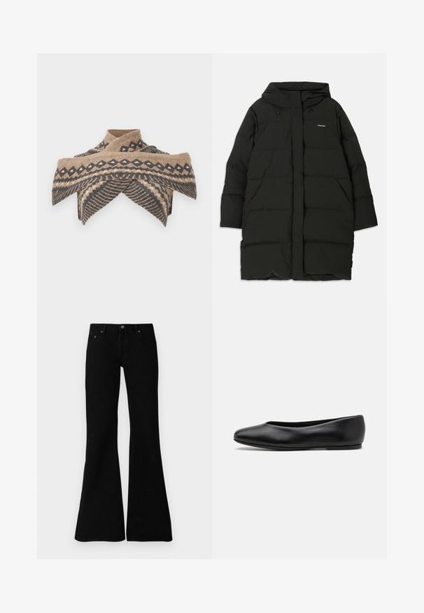 Black puffer coat with a hood, featuring a straight cut, front pockets, and a smooth texture. Embossed logo on the chest.; Wrap scarf in beige and dark gray wool, featuring triangular and wave patterns, with a crossover collar design and soft texture.; Black flared jeans made from denim, featuring a classic five-pocket design, button closure, and subtle stitching details along the seams.; Paul Smith TOPANGA - Ballet pumps - black