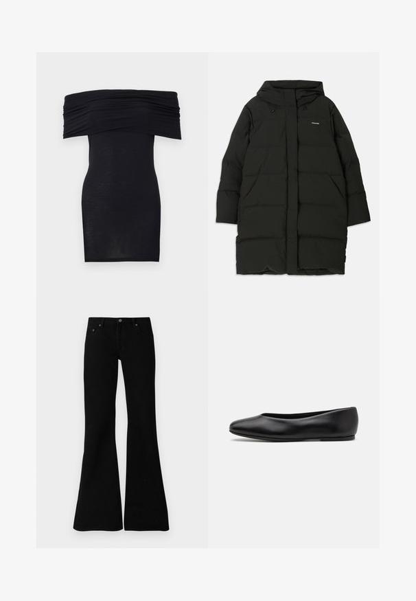 Black puffer coat with a hood, featuring a straight cut, front pockets, and a smooth texture. Embossed logo on the chest.; Black off-the-shoulder dress with gathered neckline, slim fit, and smooth texture. Minimalist design, knee-length with no additional embellishments.; Black flared jeans made from denim, featuring a classic five-pocket design, button closure, and subtle stitching details along the seams.; Paul Smith TOPANGA - Ballet pumps - black