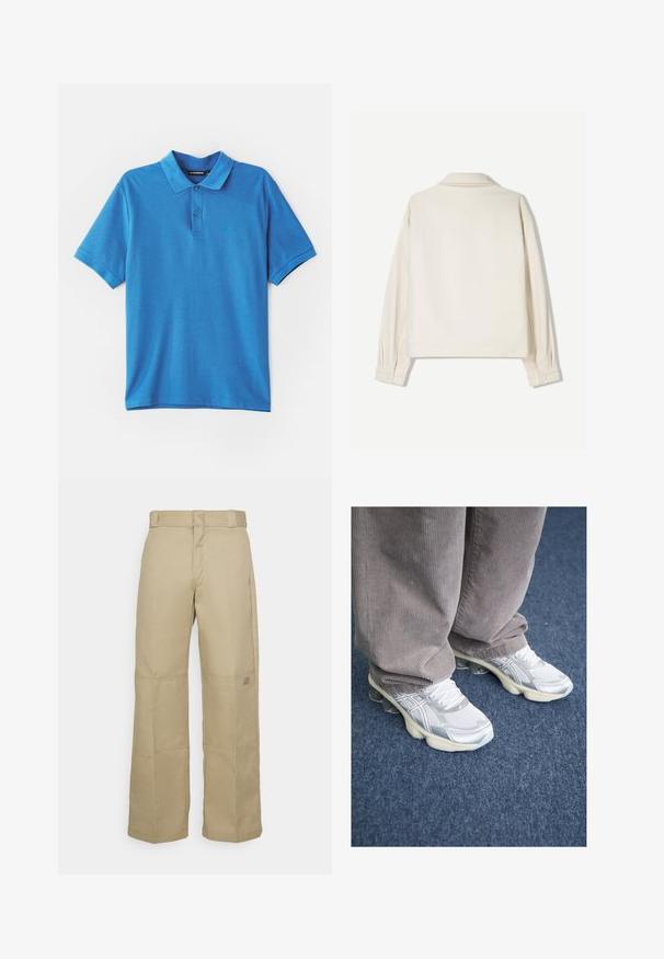 Kremowa kurtka z wyraźnym kołnierzem, długimi rękawami i zapięciami na guziki. Wykonana z teksturowanej tkaniny o prostym kroju i minimalnych detalach.; Niebieska koszulka polo wykonana z miękkiego materiału. Posiada klasyczny kołnierzyk, zapięcie na trzy guziki oraz małe logo na klatce piersiowej.; Beżowe spodnie szerokie wykonane z mocnej tkaniny, z wysokim stanem, widocznym szwem i małą naszywką z logo z boku.; Białe sportowe buty z siateczki z srebrnymi akcentami, wyposażone w grubą podeszwę i system sznurowania. Noszone z szarymi spodniami sztruksowymi. Niebieskie tło dywanu.