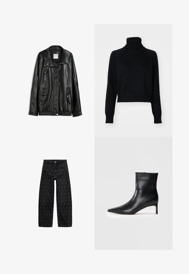 Črna usnjena jakna z zadrgo spredaj, zapiranjem na gumb, dvema stranskima žepoma in elastičnim robom. Ima strukturiran ovratnik in gladko teksturo.; Temna pletena turtleneck pulover s skrajšanim dizajnom, ki ima rebraste manšete in spodnji del ter teksturirano tkanino po celotni dolžini.; Črne široke kavbojke iz denima z vzorcem manjših srebrnih gromet, klasičnega pet-pocket dizajna in sprednjim zapiranjem na gumb.; Črne usnjene gležnjarje z oglatim nosom, elegantne zasnove in vitkim peto. Gladka tekstura brez vidnih okraskov.