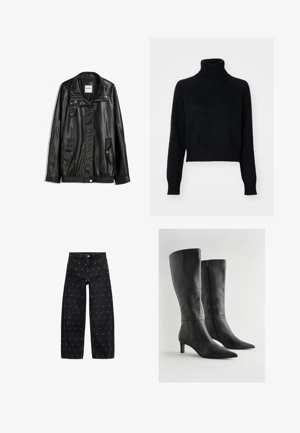 Jachetă din piele neagră cu fermoar frontal, închidere cu capse, două buzunare laterale și tiv elastic. Prezintă un guler structurat și o textură netedă.; Pulover cu guler înalt tricotat, de culoare închisă, cu un design scurt, având manșete și tiv cu nervuri, precum și o țesătură texturată pe întreaga suprafață.; Jeans din denim negru, cu picioare largi, având un model de mici gromete argintii, cu un design clasic cu cinci buzunare și închidere cu buton în față.; Cizme înalte până la genunchi din piele neagră, cu vârful ascuțit, toc bloc mic și fermoar lateral. Suprafața are o textură netedă cu detalii minime.