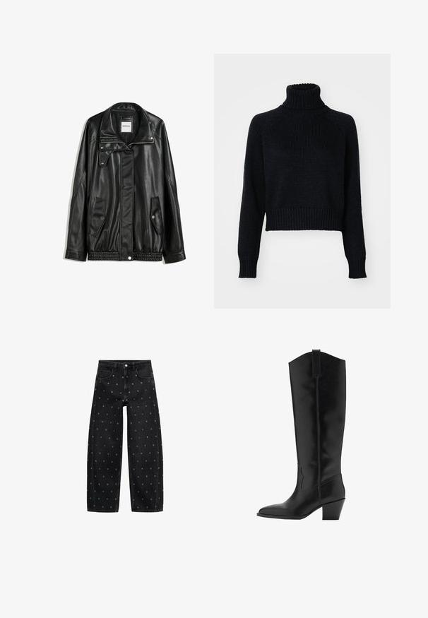 Svart läderjacka med dragkedja framtill, tryckknappsstängning, två sidofickor och elastiskt fåll. Har en strukturerad krage och slät yta.; Mörkstickad polotröja med en cropad design, med ribbade ärmslut och nederkant, samt en texturerad väv genom hela tröjan.; Svarta denimbyxor i vida ben med ett mönster av små silverfärgade öglor, i en klassisk fem-fickdesign och med knappringning fram.; Höga, svarta läderstövlar med fyrkantig tå och medelhög klack. Har sömnadsdetaljer och en sidodragkläpp för enkel påtagning.