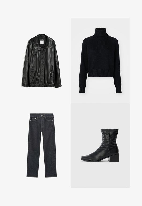 Giubbotto in pelle nera con zip frontale, chiusura a bottoni a pressione, due tasche laterali e orlo elasticizzato. Presenta un colletto strutturato e una texture liscia.; Maglione scuro a collo alto con design cropped, dotato di polsini e orlo a coste, e una trama testurizzata in tutto il capo.; Jeans dritti blu scuro con cinque tasche, rivetti metallici e chiusura a bottone in vita.; Stivale in pelle nera al polpaccio con punta quadrata, zip laterale e tacco a blocco su uno sfondo bianco semplice.