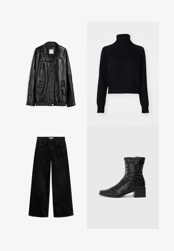 Črna usnjena jakna z zadrgo spredaj, zapiranjem na gumb, dvema stranskima žepoma in elastičnim robom. Ima strukturiran ovratnik in gladko teksturo.; Temna pletena turtleneck pulover s skrajšanim dizajnom, ki ima rebraste manšete in spodnji del ter teksturirano tkanino po celotni dolžini.; Črne široke kavbojke iz denima, z visokim pasom, petimi žepi in čistim, preprostim dizajnom brez okrasnih detajlov.; Črne usnjene škornje do meč z kvadratnim nosom, stranskim zadrgo in blokastim peto na enobarvni beli podlagi.