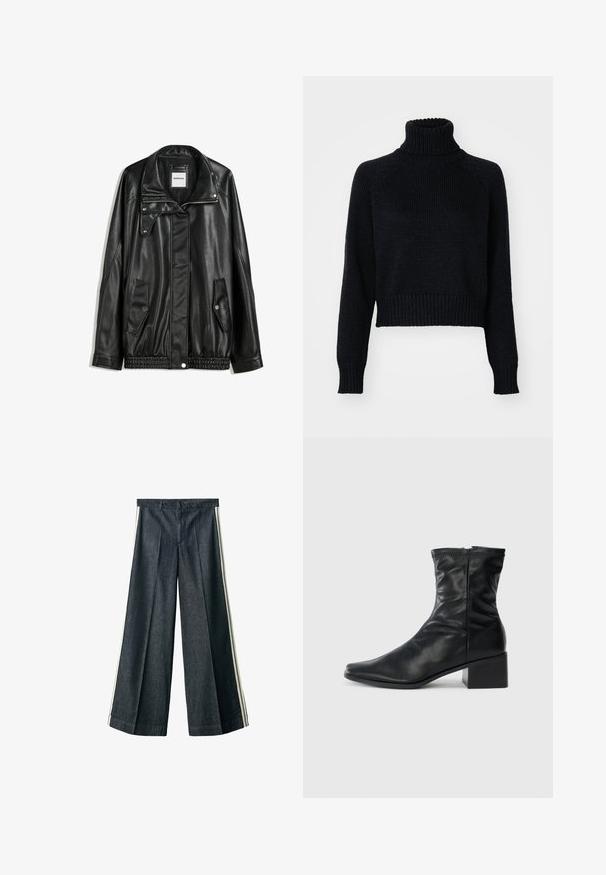 Black leather jacket with zippered front, snap-button closure, two side pockets, and elasticized hem. Features a structured collar and smooth texture.; Dark knitted turtleneck sweater with a cropped design, featuring ribbed cuffs and hem, and a textured weave throughout.; Wide-leg denim trousers with a dark wash, featuring front pleats and contrasting white side stripes for added detail.; Black mid-calf leather boot with a square toe, side zipper, and block heel on a plain white background.