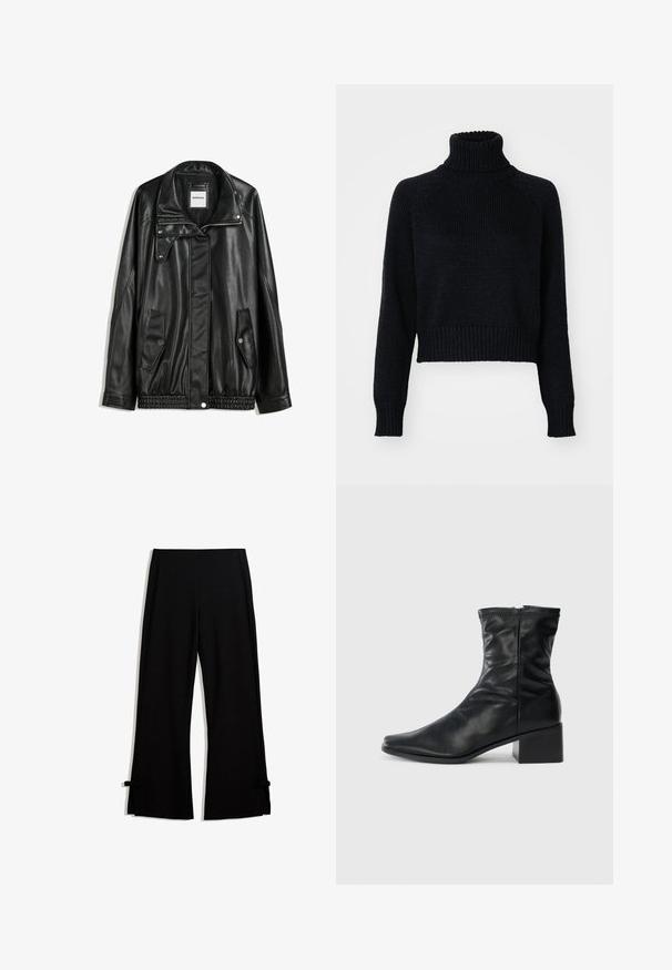 Mustat nahkatakki vetoketjulla edessä, napilla suljettava, kahdella sivutaskulla ja elastisella helmalla. Ominaisuuksiin kuuluu muotoiltu kaulus ja sileä pinta.; Tumman värinen neulottu poolopaita, jossa on lyhennetty malli, resorihihansuut ja -helma sekä teksturoitu kudonta kauttaaltaan.; Mustat, leveät housut, jotka on valmistettu pehmeästä kankaasta. Housuissa on sivupitsit, jotka on kiinnitetty nauhoilla helman yksityiskohtana.; Mustat nahkasaappaat, jotka ulottuvat keskileiluun, neliskanttinen kärki, sivuvetoketju ja paksu korko, valkoista taustaa vasten.