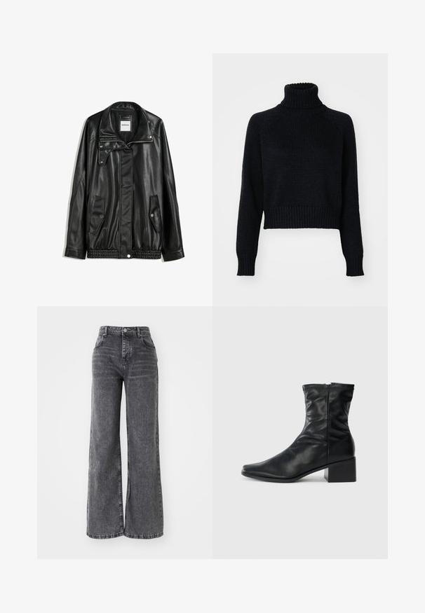 Fekete bőrkabát cipzáros elejével, patentos záródással, két oldalsó zsebbel és elasztikus aljjal. Struktúrált gallérral és sima textúrával rendelkezik.; Sötét, kötött, garbós pulóver, rövidített fazonnal, bordás mandzsettákkal és hempergő aljjal, valamint texturált szövettel az egész felületen.; Széles szárú, szürke farmernadrág magas derekú szabással, hagyományos öt zsebes stílusban, finom kopott hatással.; Fekete, bokáig érő bőr csizma négyzetes orral, oldalsó cipzárral és tömbsarokkal, sima fehér háttéren.