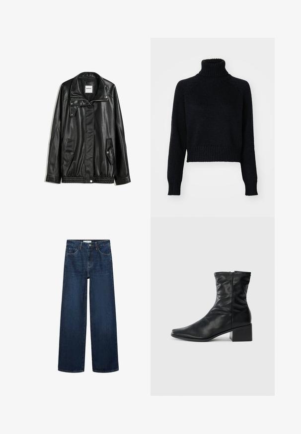 Schwarze Lederjacke mit Reißverschluss vorne, Knopfverschluss, zwei seitlichen Taschen und elastischem Saum. Verfügt über einen strukturierten Kragen und eine glatte Textur.; Dunkel gestrickter Rollkragenpullover mit cropped Design, ausgestattet mit gerippten Bündchen und Saum sowie einem strukturierten Gewebe.; Weite dunkelblaue Denim-Jeans mit hoher Taille, ausgestattet mit fünf Taschen und einer klassischen Knopfschließe. Glatte Textur und gerader Schnitt.; Schwarze Lederstiefelette bis zur Wade mit quadratischer Zehenform, seitlichem Reißverschluss und Blockabsatz auf einem schlichten weißen Hintergrund.