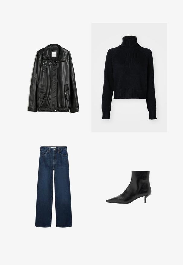 Jachetă din piele neagră cu fermoar frontal, închidere cu capse, două buzunare laterale și tiv elastic. Prezintă un guler structurat și o textură netedă.; Pulover cu guler înalt tricotat, de culoare închisă, cu un design scurt, având manșete și tiv cu nervuri, precum și o țesătură texturată pe întreaga suprafață.; Blugi din denim de culoare albastră închisă, cu croială largă și talie înaltă, prevăzuți cu cinci buzunare și închidere clasică cu nasture. Textură netedă și croială dreaptă.; Botine negre din piele, cu vârf ascuțit, toc subțire tip kitten și textură netedă. Design simplu, fără accente decorative.