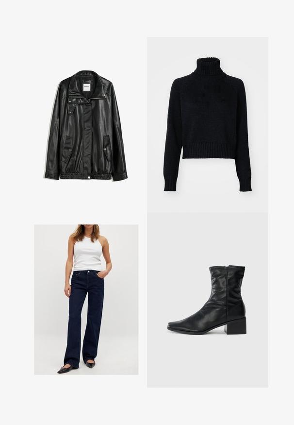 Mustat nahkatakki vetoketjulla edessä, napilla suljettava, kahdella sivutaskulla ja elastisella helmalla. Ominaisuuksiin kuuluu muotoiltu kaulus ja sileä pinta.; Tumman värinen neulottu poolopaita, jossa on lyhennetty malli, resorihihansuut ja -helma sekä teksturoitu kudonta kauttaaltaan.; Tummansiniset leveät farkut, jotka on valmistettu denimestä, klassisella viiden taskun designilla ja metallisella nappikiinnityksellä. Yhdistetty valkoiseen topiin.; Mustat nahkasaappaat, jotka ulottuvat keskileiluun, neliskanttinen kärki, sivuvetoketju ja paksu korko, valkoista taustaa vasten.