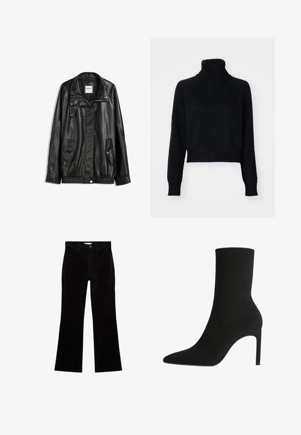 Črna usnjena jakna z zadrgo spredaj, zapiranjem na gumb, dvema stranskima žepoma in elastičnim robom. Ima strukturiran ovratnik in gladko teksturo.; Temna pletena turtleneck pulover s skrajšanim dizajnom, ki ima rebraste manšete in spodnji del ter teksturirano tkanino po celotni dolžini.; Črne kord Flared hlače, ki vsebujejo pet žepov, zapiranje na gumb in mehak, teksturiran površinski material, zasnovane za prilagojen pas in širšo nogo.; Črne gležnjarje iz mehkega semiša, z ostrim nosom in visokim stiletto peto. Minimalističen dizajn brez vidnih kovinskih delov ali vzorcev.