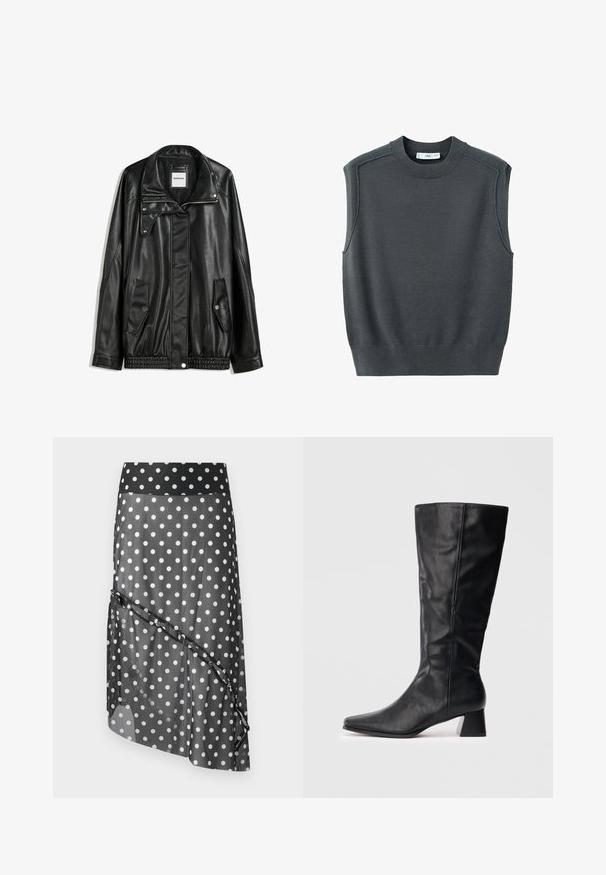 Svart läderjacka med dragkedja framtill, tryckknappsstängning, två sidofickor och elastiskt fåll. Har en strukturerad krage och slät yta.; Ärmlös mörkgrå jumper med rund halsringning, ribbat avslut och axelsömmar. Tygets yta verkar slät och något elastisk.; Svart kjol med prickar och en genomskinlig överdel, med en bred midja och ett lager-på-lager, asymmetrisk design. Slät textur och lätt material.; Svart läderstövel till mitten av vaden med spetsig tå och klack i blockform, mot en enkel ljus bakgrund.