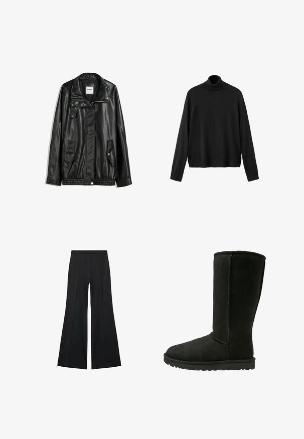 Giubbotto in pelle nera con zip frontale, chiusura a bottoni a pressione, due tasche laterali e orlo elasticizzato. Presenta un colletto strutturato e una texture liscia.; Maglione nero a collo alto, realizzato in materiale a maglia, presenta maniche lunghe, collo aderente e orlo leggermente corto. Texture liscia, colore uniforme.; Pantaloni neri a gamba larga con una texture liscia, caratterizzati da pieghe frontali e un design sartoriale. Il tessuto è leggero e fluido.; Stivale alto in suede nero con punta tonda, cuciture a vista e suola in gomma testurizzata. Design semplice, privo di elementi decorativi.