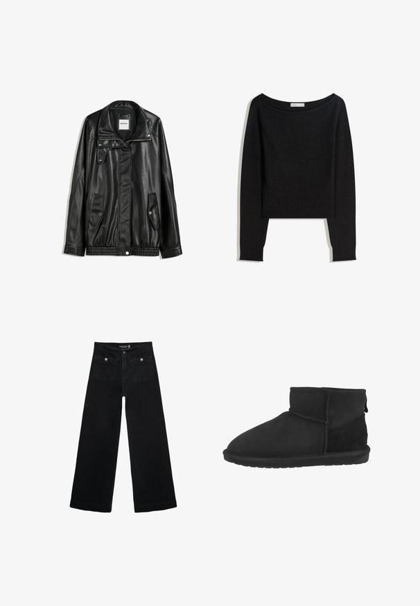 Čierna kožená bunda s predným zipsom, skladacím zapínaním, dvoma bočnými vreckami a elastickým spodným okrajom. Má štruktúrovaný golier a hladkú textúru.; Čierny pletený sveter s výstrihom zhasnutý z ramien, dlhými rukávmi a rebrovanými manžetami a lemom. Vyrobený z mäkkého, štruktúrovaného materiálu.; Čierne široké nohavice s vysokým pásom, s dvoma prednými vreckami a kovovými detailmi na gombíku. Tkanina má hladkú textúru.; Čierne členkové čižmy vyrobené z semišu a mäkkej tkaniny, s okrúhlou špičkou a plochou gumovou podrážkou, so krátkou, zužujúcou sa nohavicu.