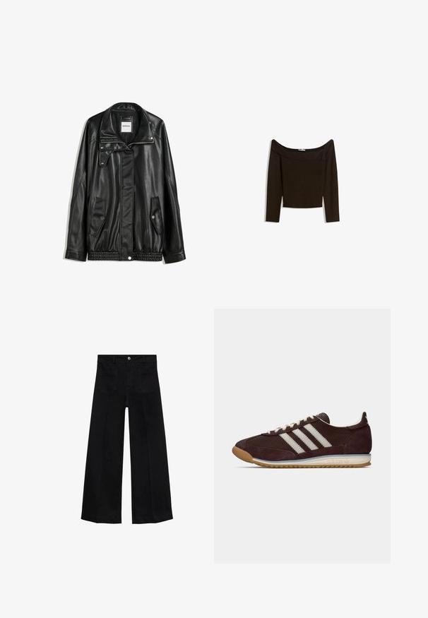 Black leather jacket with zippered front, snap-button closure, two side pockets, and elasticized hem. Features a structured collar and smooth texture.; Off-the-shoulder, dark brown top in a fitted knit material. Features long sleeves and a cropped design with a smooth texture.; Wide-leg black denim pants with high waist, front pockets, belt loops, and button closure.; Low-profile dark burgundy Adidas sneaker with white stripes, cream laces, and gum sole, side view on plain background.