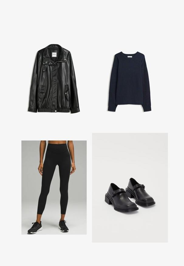 Veste en cuir noir avec fermeture éclair à l'avant, patte de boutonnage, deux poches latérales et ourlet élastiqué. Elle présente un col structuré et une texture lisse.; Pull bleu marine avec un col en V, manches longues, poignets et ourlet côtelés. Réalisé en tricot doux, avec une coupe décontractée et un design minimaliste.; Leggings noirs taille haute avec une texture lisse et un design ajusté, associés à des chaussures de sport noires dotées d'une semelle blanche.; Chaussures en cuir noir avec un bout arrondi, semelle plate et une sangle avec une boucle décorative. Talon épais pour plus de stabilité.