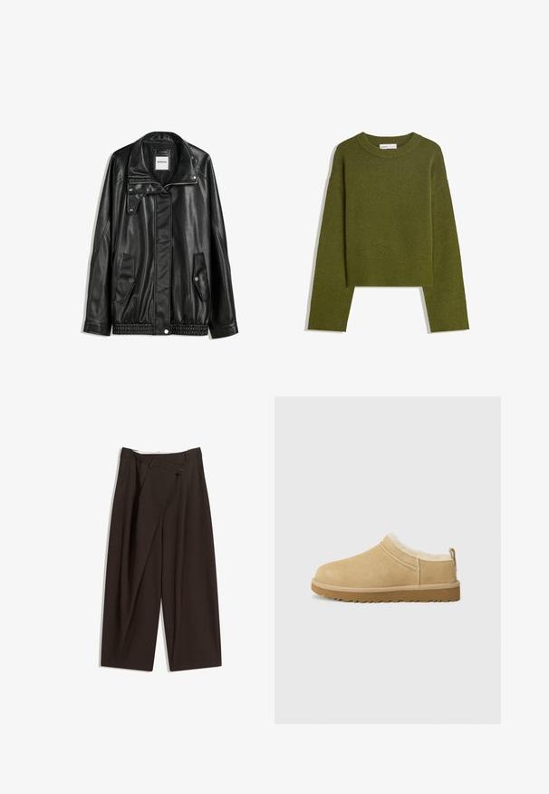 Zwarte leren jas met rits aan de voorkant, drukknopen-sluiting, twee zijzakken en elastische onderrand. Beschikt over een gestructureerde kraag en een gladde textuur.; Olijfgroene gebreide trui met een ronde hals, lange mouwen en een geribde zoom. Beschikt over een cropped ontwerp met een zachte, gestructureerde afwerking.; Donkere bruin wijde broek met een hoge taille, voorzien van een enkele knoopsluiting en een geplooide voorkant. Gemaakt van lichtgewicht stof.; Suède instap schoenen in licht bruin, met een zachte bontvoering en een gemeleerde rubberen zool met een lichte hak en een trekhaakje aan de achterkant voor gemakkelijk aan- en uittrekken.